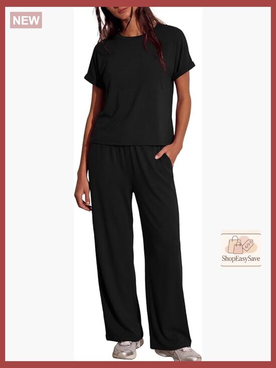 Pants - Womens Lounge Set 2 Piece Outfits Casual Loose Fit Short Sleeve Top Wide Leg